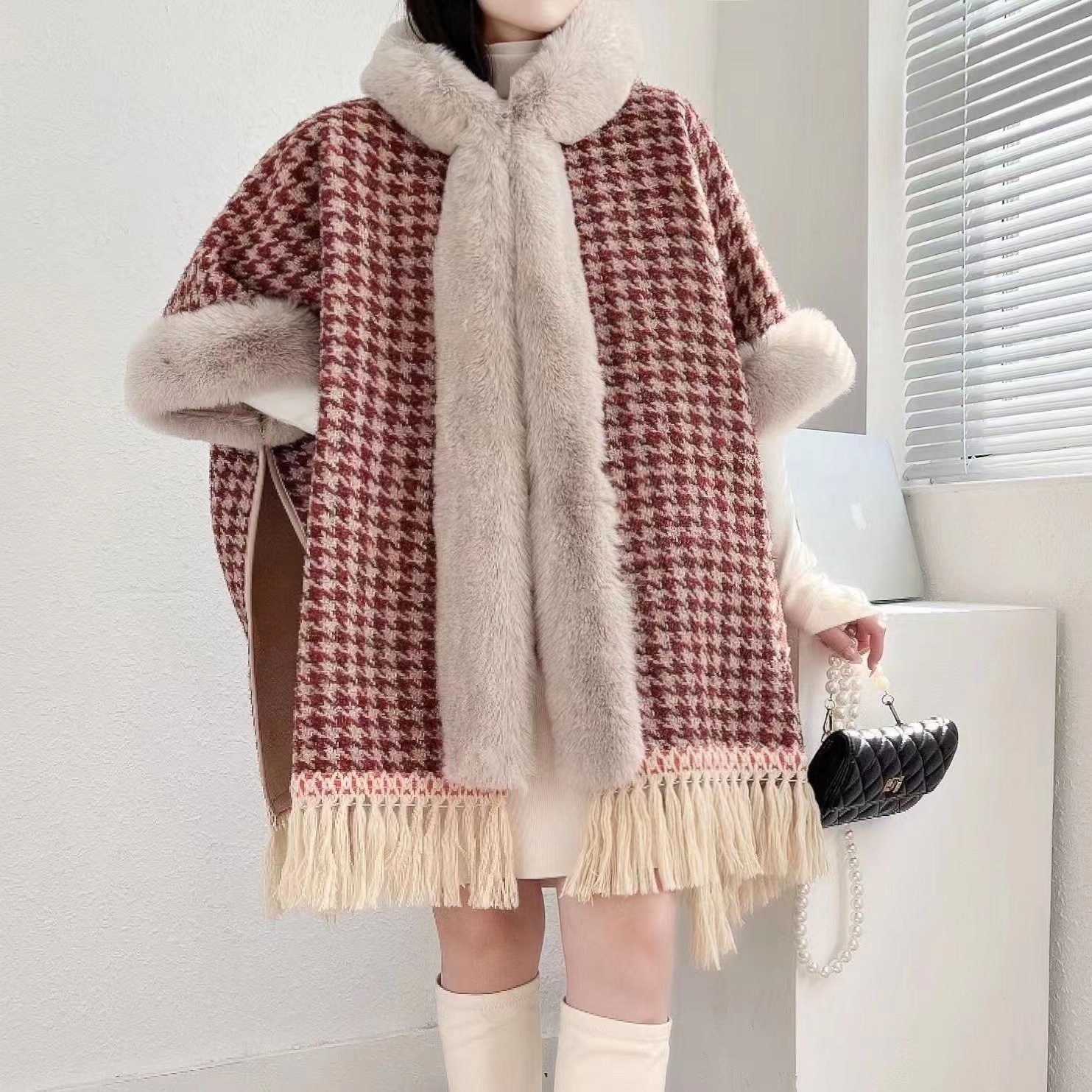 Autumn and Winter New Houndstooth Tassel Fleece-Lined Thick Fur Collar Cape and Shawl Women‘s Loose Cardigan Woolen Coat