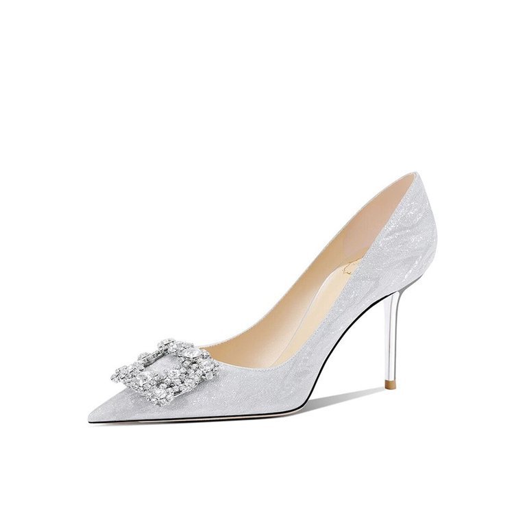 铆钉鞋高跟鞋女2023年春夏新款细跟尖头黑色柳丁裸色漆皮凉鞋单鞋