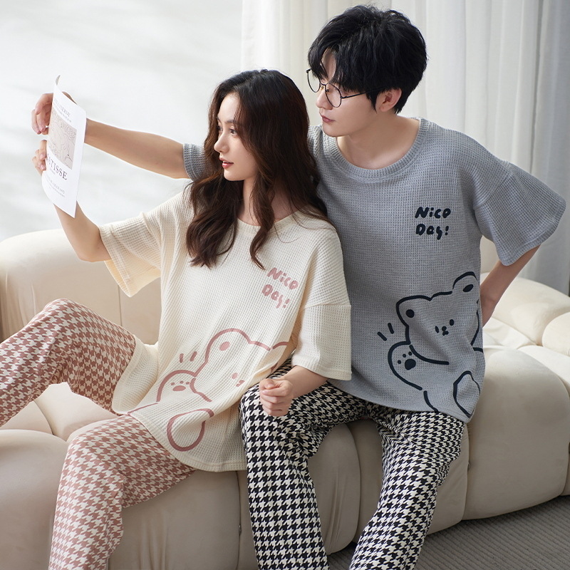 Couple Pajamas Women's Summer Waffle Short-Sleeved Trousers Korean Style Sweet Casual Men's and Women's plus Size Homewear Suit