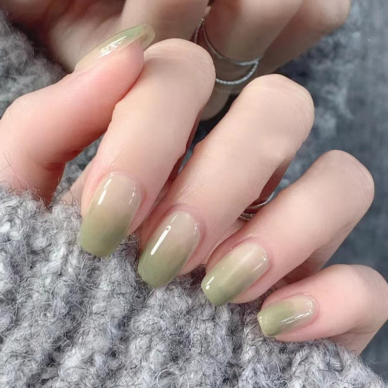 渐变色简约自然绿色小清新美甲甲片批发美甲穿戴甲成品批发美甲
