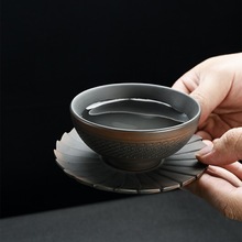 建水紫陶品茗杯带杯垫家用陶瓷茶杯功夫茶具单杯个人杯主人杯茶碗