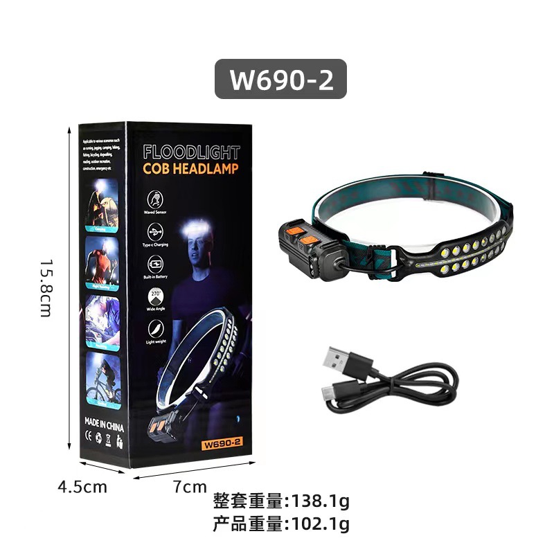 Cross-Border Cob Induction Major Headlamp Type-C Rechargeable Head-Mounted Night Fishing Lamp Dual Light Source Led Run Light