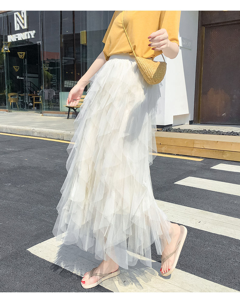 白色纱裙女半身裙秋冬中长款仙女不规则高腰百褶蓬蓬网纱蛋糕裙子