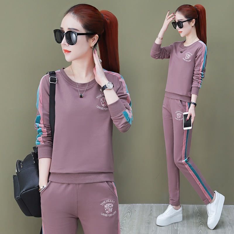 套装女式春秋2021新款韩版学生宽松印花卫衣两件套2021春秋新款运动服