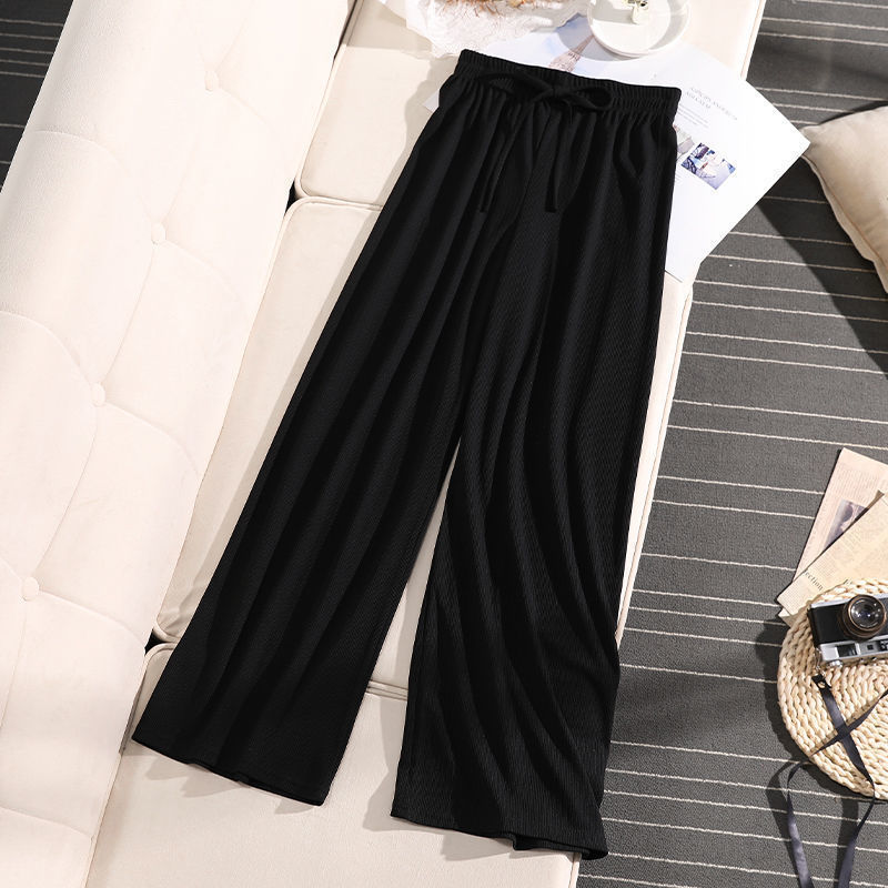 Women's Wide-Leg Pants Summer High Waist Slimming All-Matching Loose Ice Silk Knitted Striped Draping Mop Straight Casual Pants