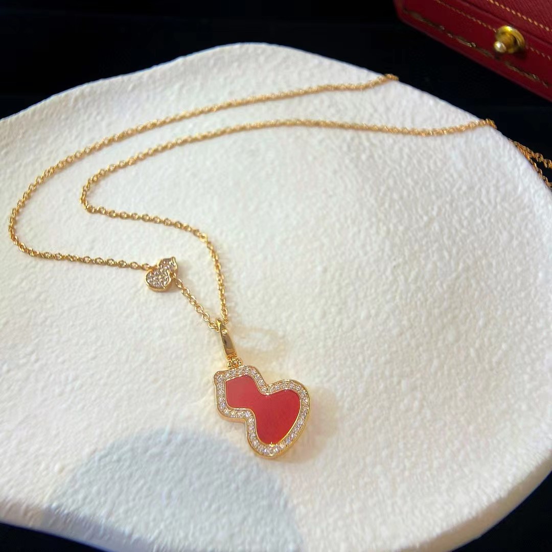 麒麟葫芦项链女 v金镀18k金红玉髓双葫芦天然母贝福禄双全锁骨链