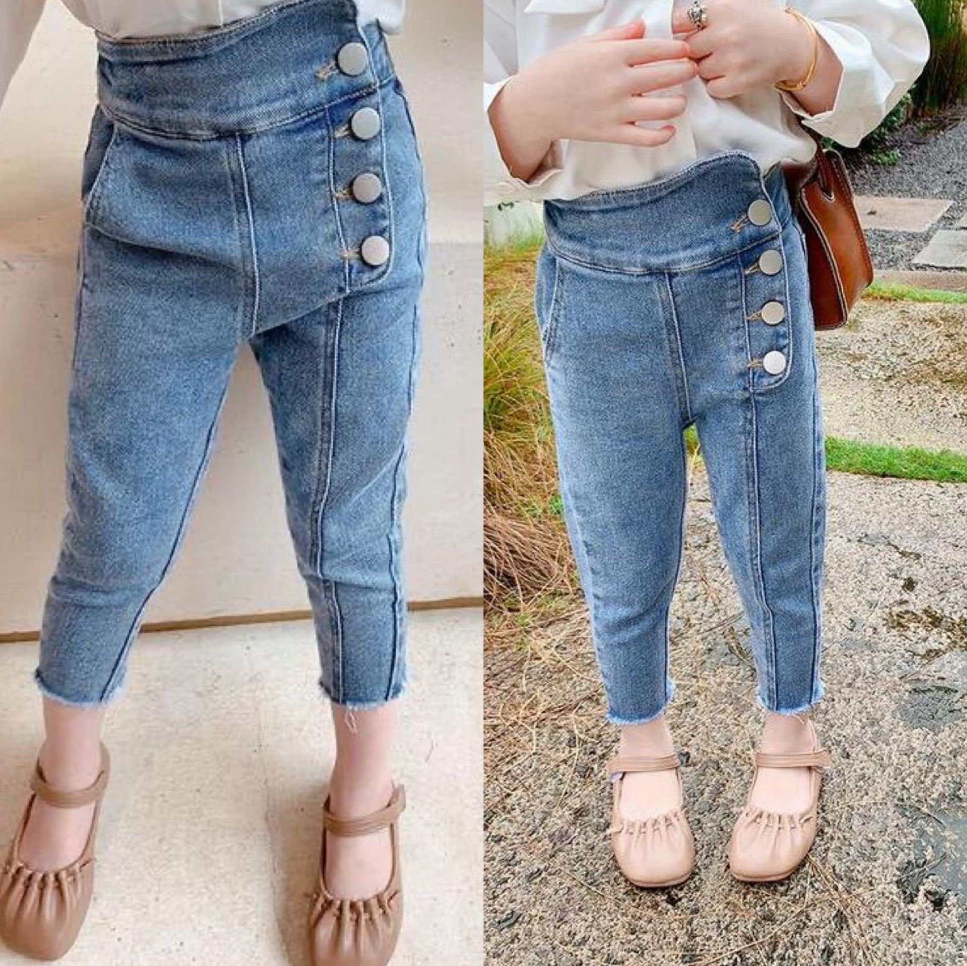 儿童高腰牛仔裤秋款女童时尚钉扣裤子童裤3-8岁童装一件代发