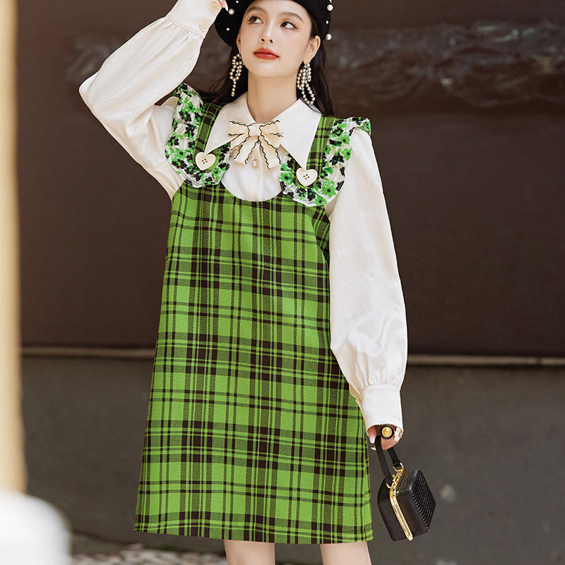 s1262学院减龄绿色格子英伦连衣裙西欧背带裙设计师秋季新款厂家