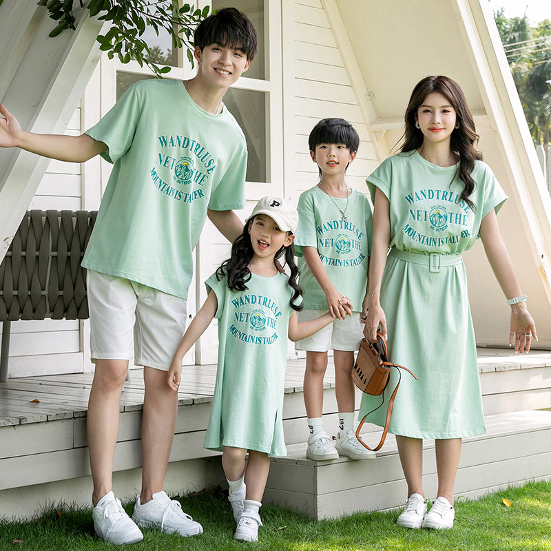 high quality family of four parent-child clothes seaside holiday mother-daughter matching outfit dress brother and sister sister-brother clothes pure cotton short sleeved t-shirt