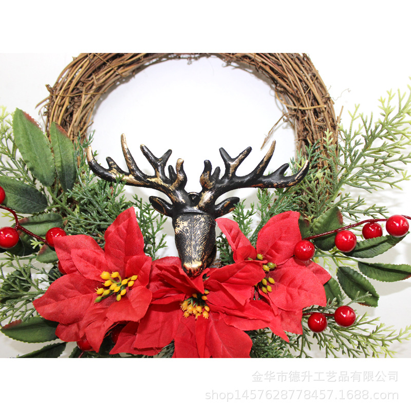 DSEN Amazon Cross-Border E-Commerce Manufacturers Supply Chinese Hawthorn Fortune Fruit Christmas Flower PE Pine Trees and Deers Head Vine Ring Garland