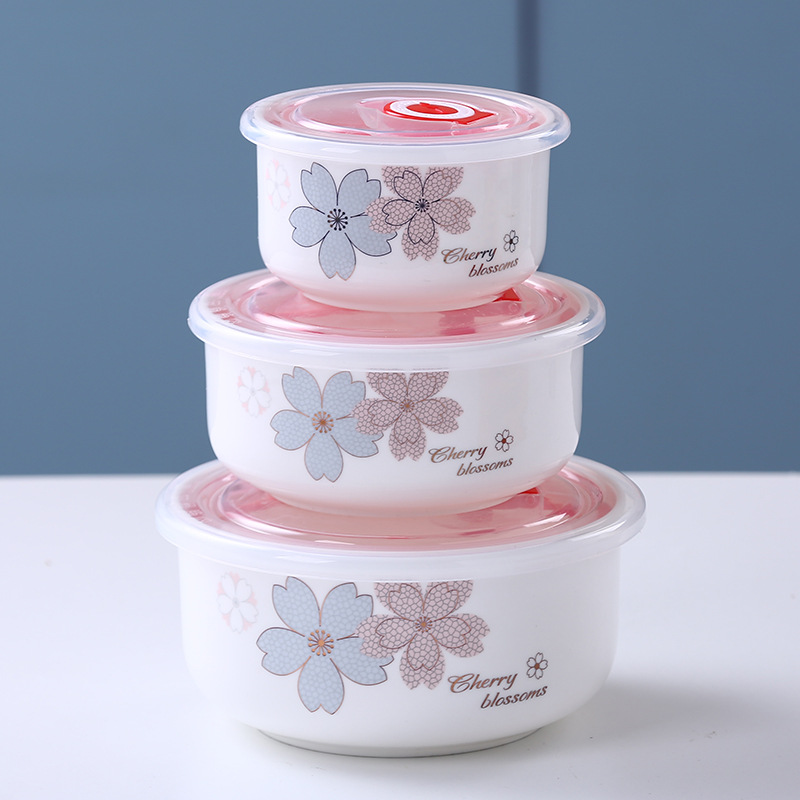 保鲜碗带盖陶瓷三件套装微波炉可加热保鲜盒密封便当盒上班族饭盒