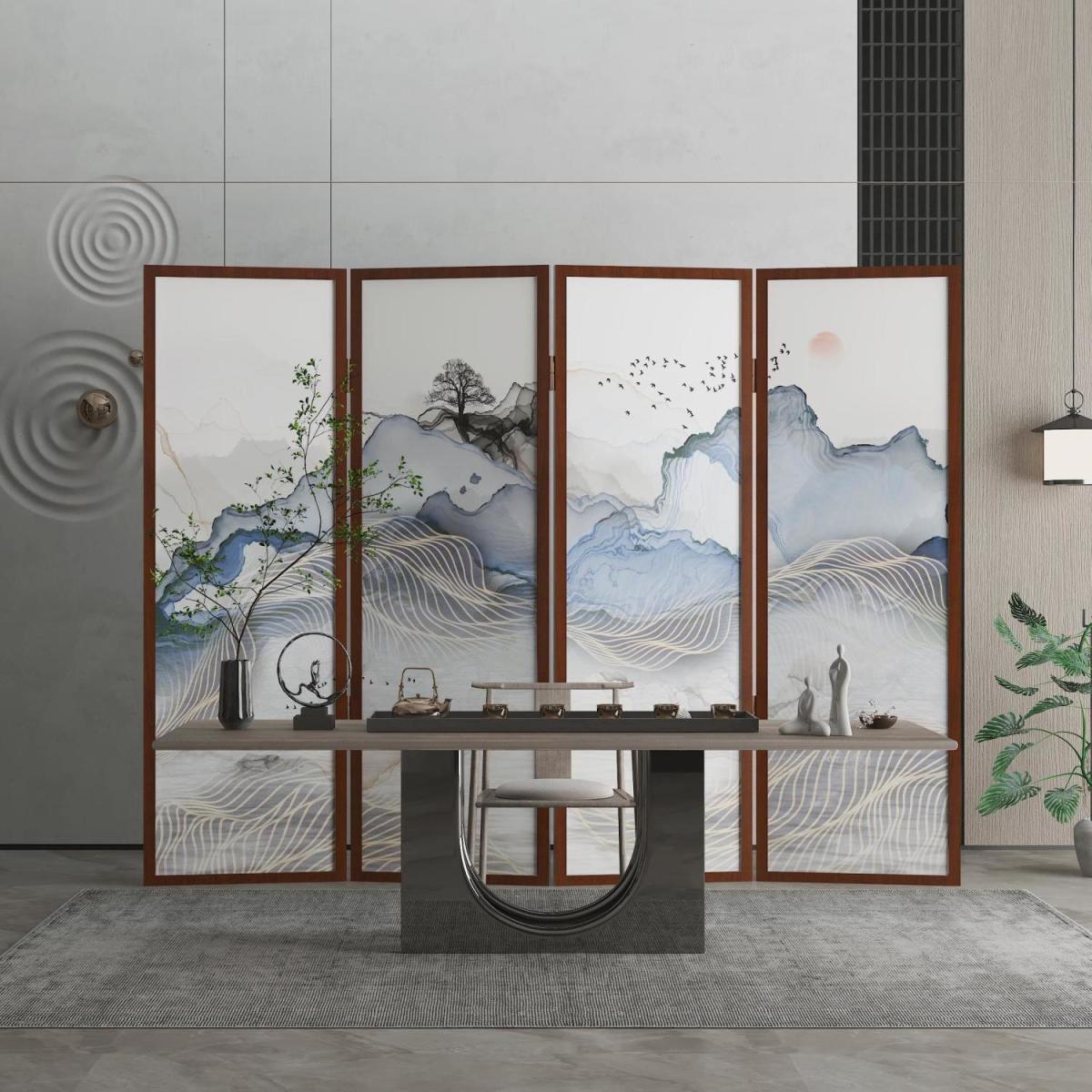 新中式实木屏风隔断客厅入户卧室遮挡家用办公室山水古风折屏