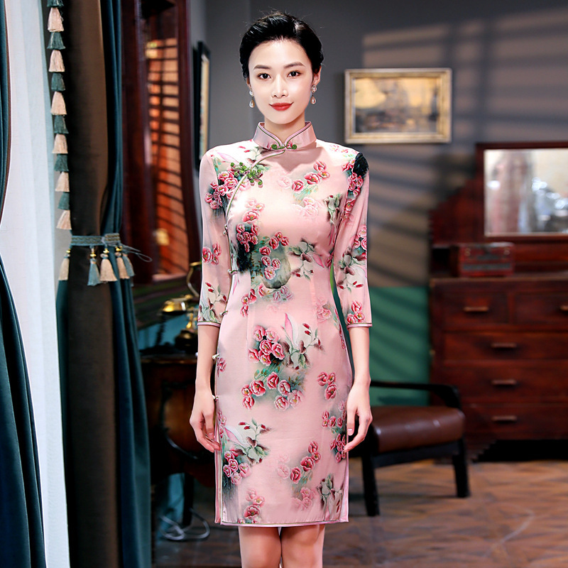 旗袍批发2021春季新款真丝桑蚕丝七分袖气质名族风改良旗袍10739