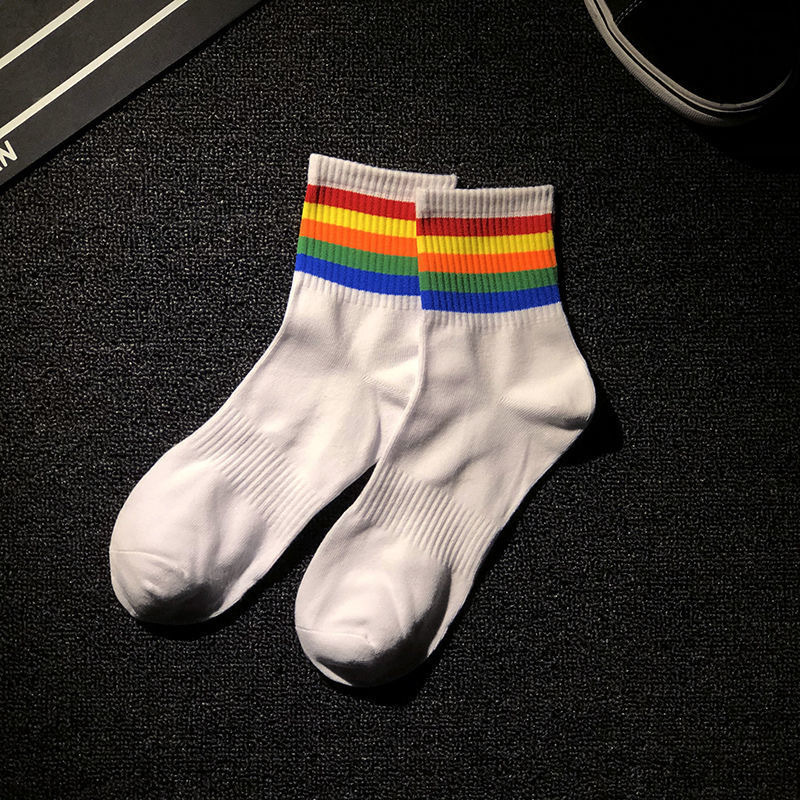 彩虹条纹运动袜子纯棉中筒男吸汗防臭篮球体育学生运动白袜控gay