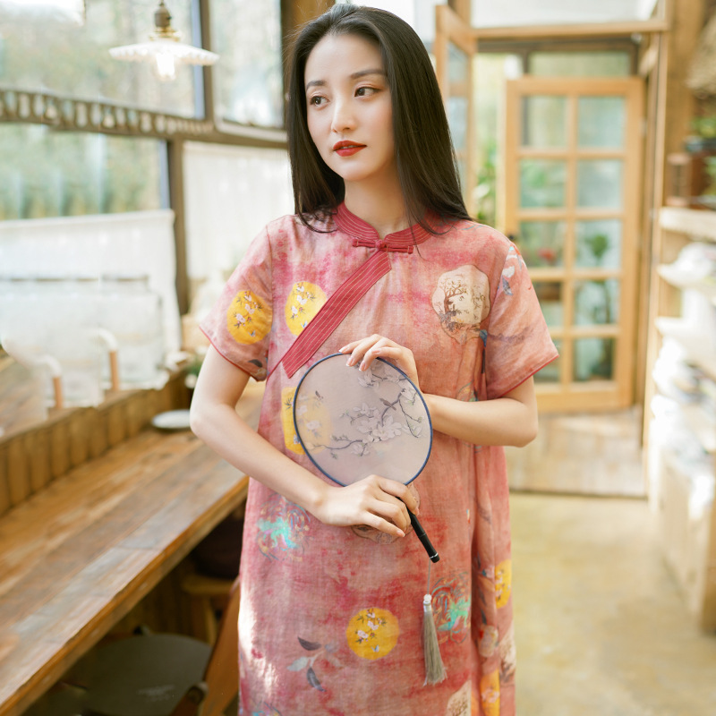 cotton and linen women‘s new chinese short-sleeved dress chinese style summer buckle improved cheongsam ethnic dress wholesale