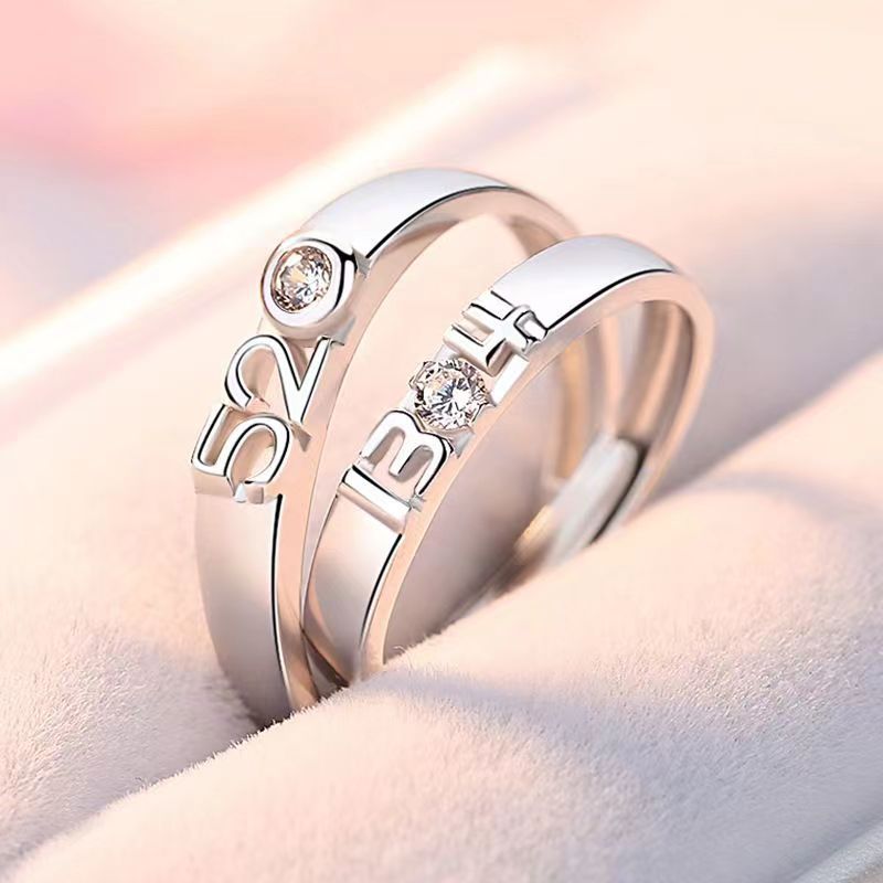 520~1314 Couple Couple Rings Light Luxury Minority Simple All-Match Fashion Diamond-Embedded Open Copper Ring Female Qixi Confession