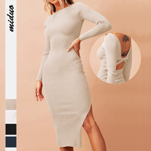 eBay潮牌新品欧美时尚辣妹女装前后两穿式螺纹长袖紧身开叉连衣裙