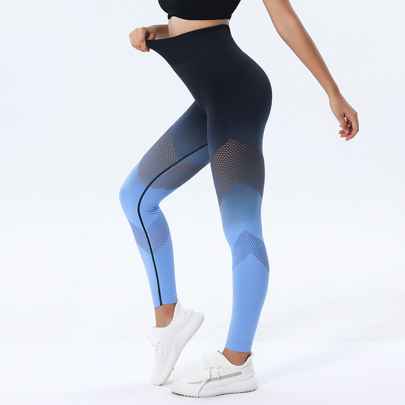 European and American Wear Quick-Drying Hollow Gradient Color Hip Lifting Long Yoga Pants Women's Seamless High Waist Yoga Pants Trousers
