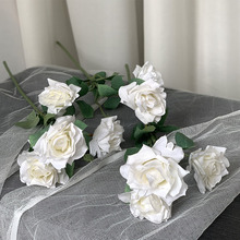 3头百喜玫瑰花婚庆装饰用花仿真玫瑰花白色带叶玫瑰假花插排花材