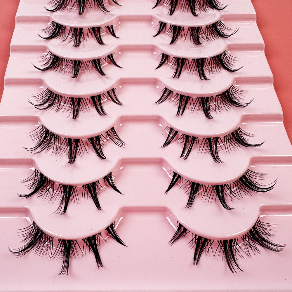 跨境专供十对装假睫毛透明梗眼尾拉长狐系斜飞浓密款整副外贸加长