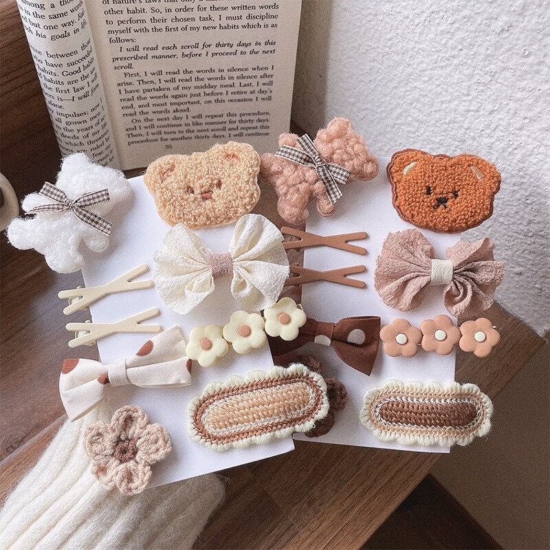 9-Piece Set ~ Milk Coffee Color Bear Barrettes Knitted Small Flower Autumn and Winter New Sweet Bow Girl Side Bang Clip