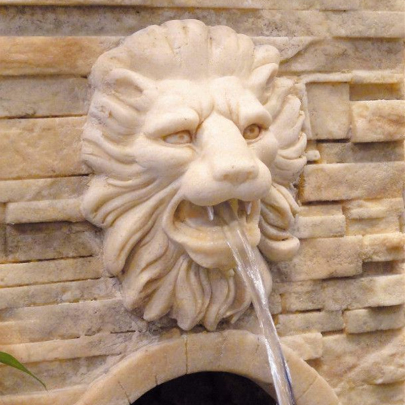 石雕喷水狮子头晚霞红流水浮雕兽头壁饰挂件喷泉庭院吐水石狮子头