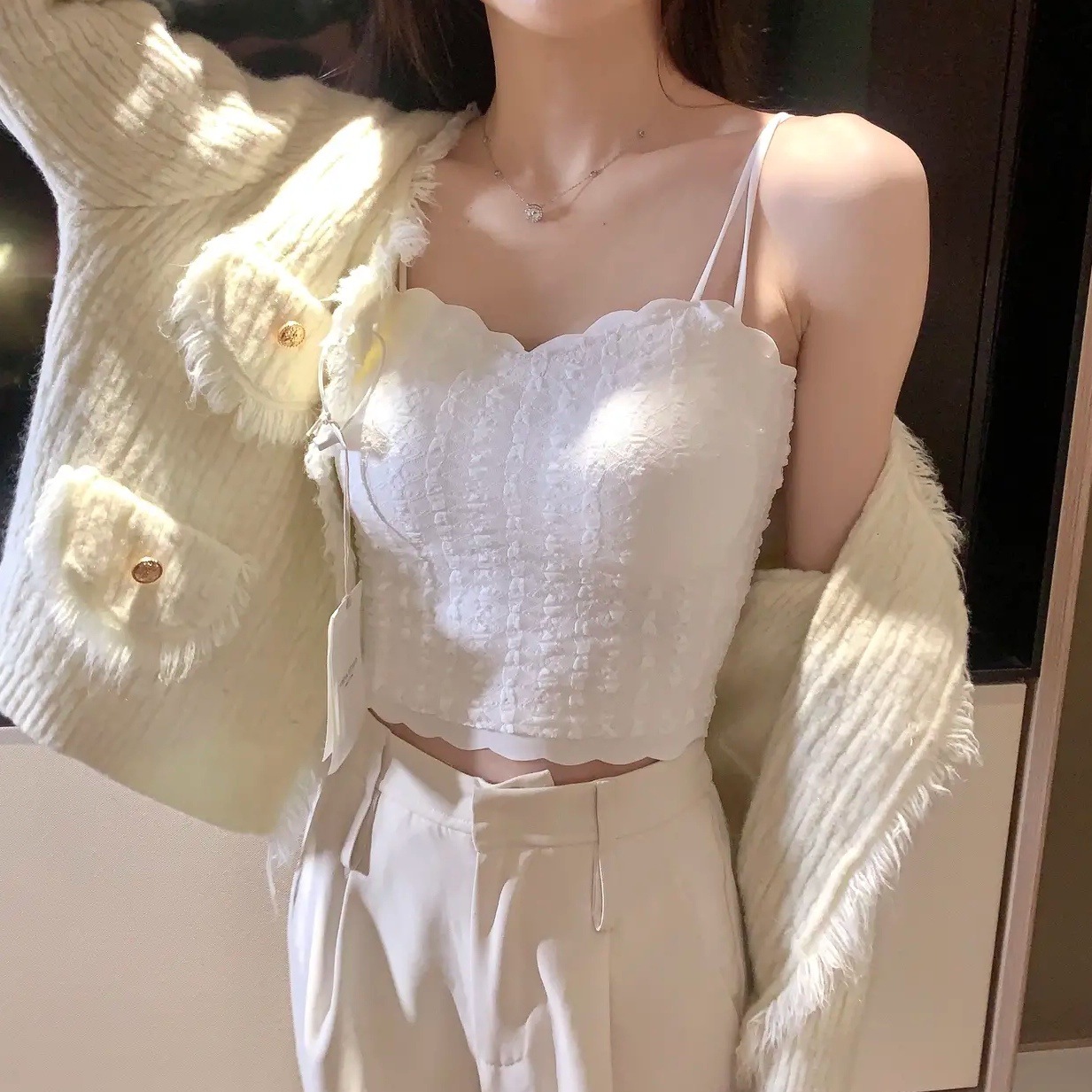 Popular Pure Desire Ice Silk Lace Double-Strap Beauty Back Vest with Chest Pad Tube Top Underwear Outer Wear Slim-Fit Crop-Top