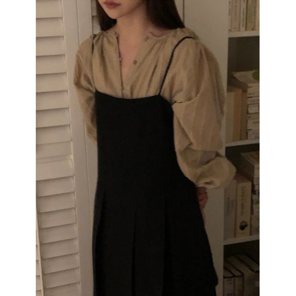 2023冬季新款韩国东大门baby酱随意插肩袖长袖衬衣 吊带连衣裙