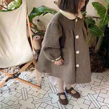 女童毛呢外套冬季新款韩版洋气娃娃领中长款大衣中小童一件代发