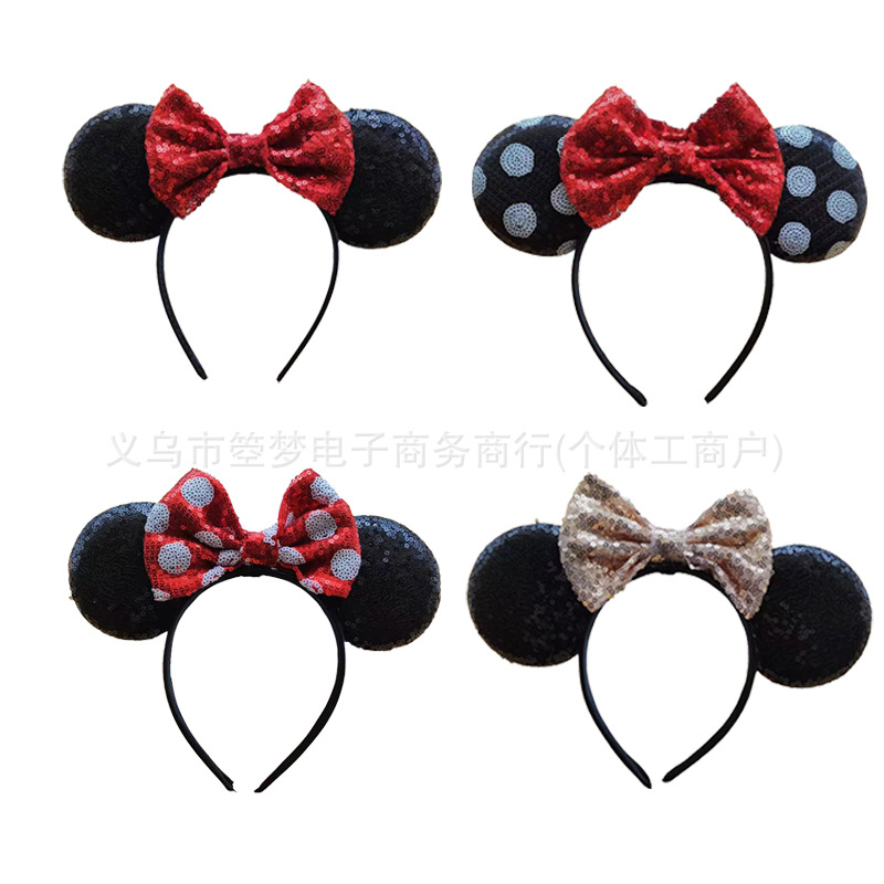 in亚马逊新款亮片米奇蝴蝶结发箍米老鼠蝴蝶结发饰游乐园装扮发卡