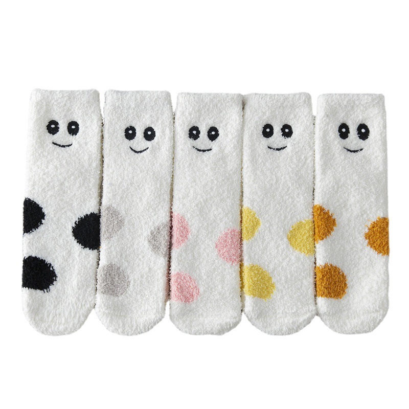 Coral Fleece Socks Women's Autumn and Winter Thickening Tube Socks No Lint Japanese Cute Smiling Face Half Velvet Warm-Keeping Socks Wholesale