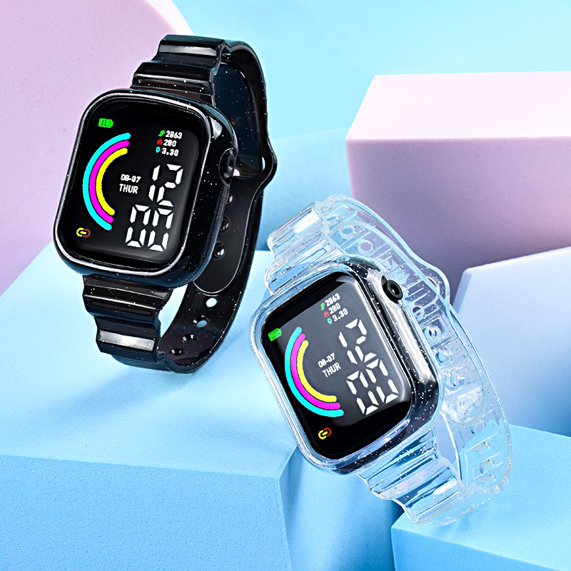 跨境新款大屏彩虹led方形电子手表创新透明户外运动学生电子手表