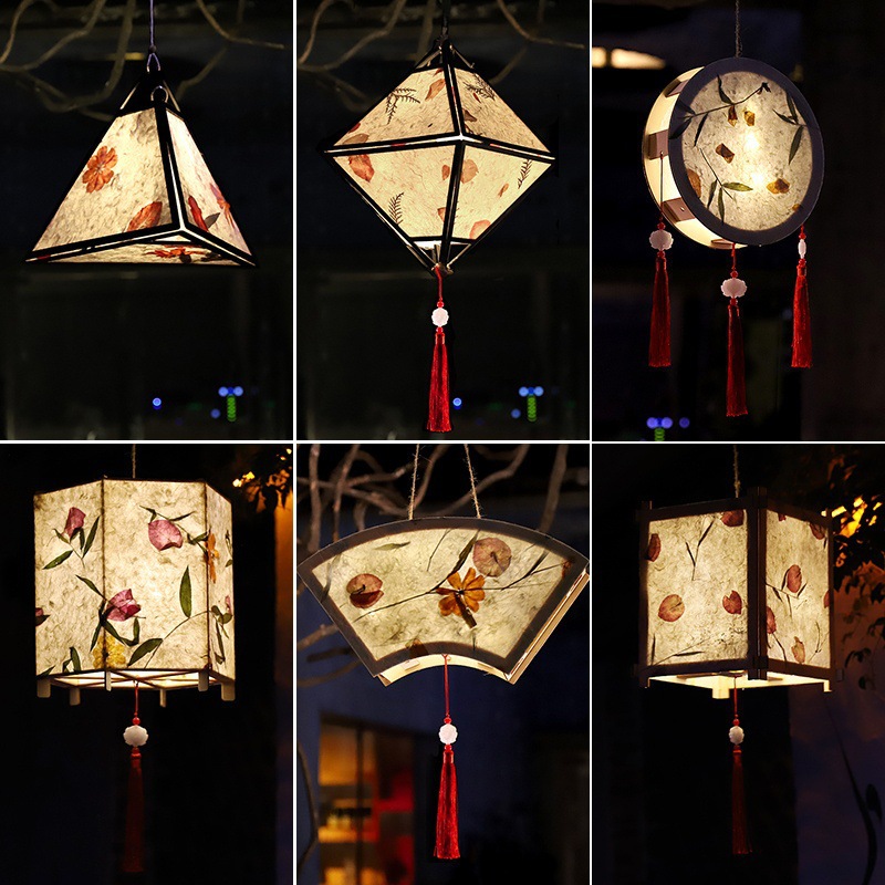 中秋节古风花草纸灯笼diy手工制作材料包 汉服手提花灯宫灯儿童