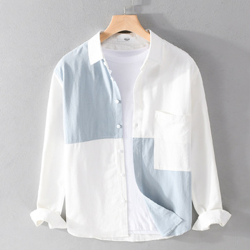 时尚拼接男装休闲长袖衬衫痞帅潮男宽松百搭青年纯棉男衬衣9635