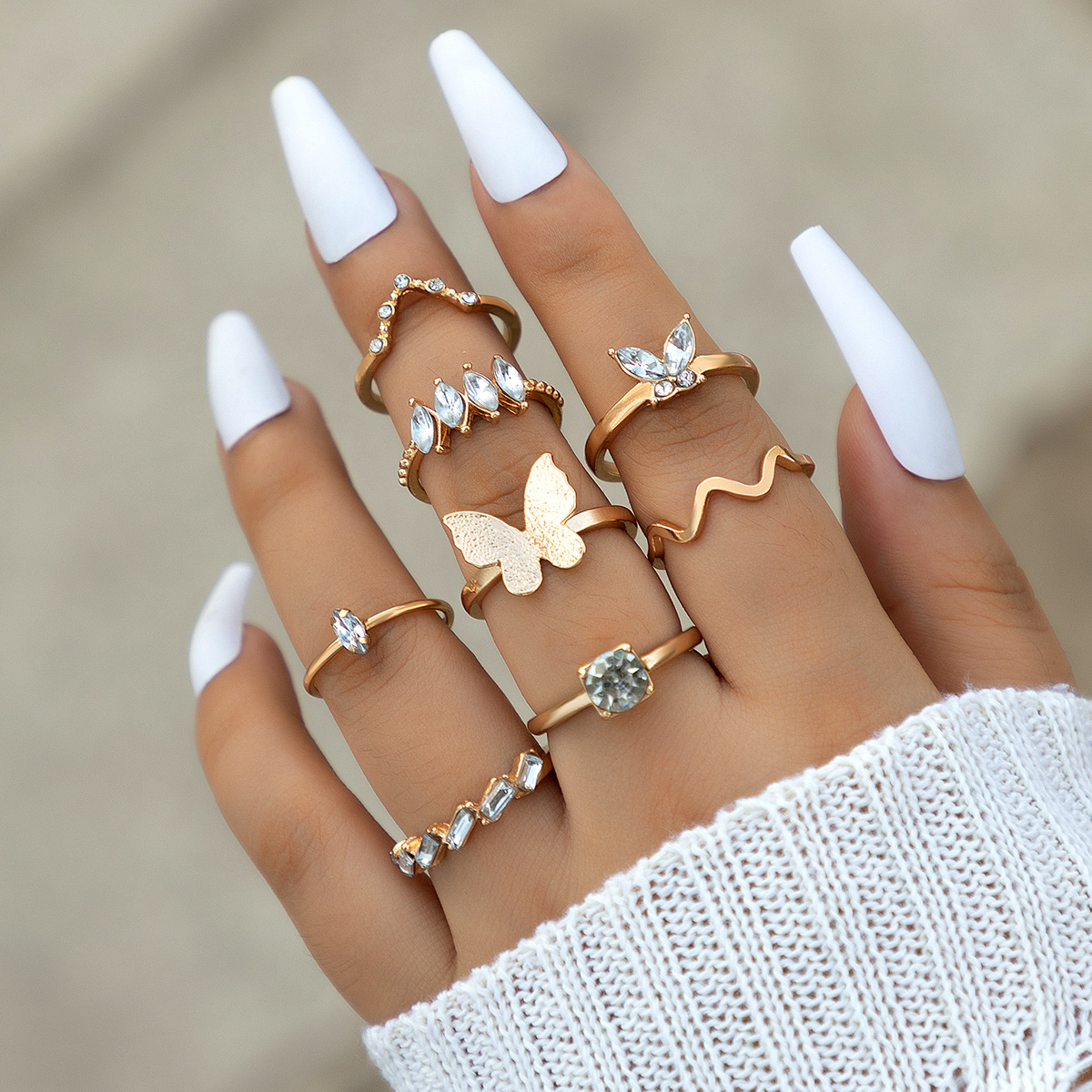 Amazon Cross-Border New Arrival Butterfly Diamond-Studded Ring Set Geometric Korean Style Animal All-Match Eight-Piece Set Ring