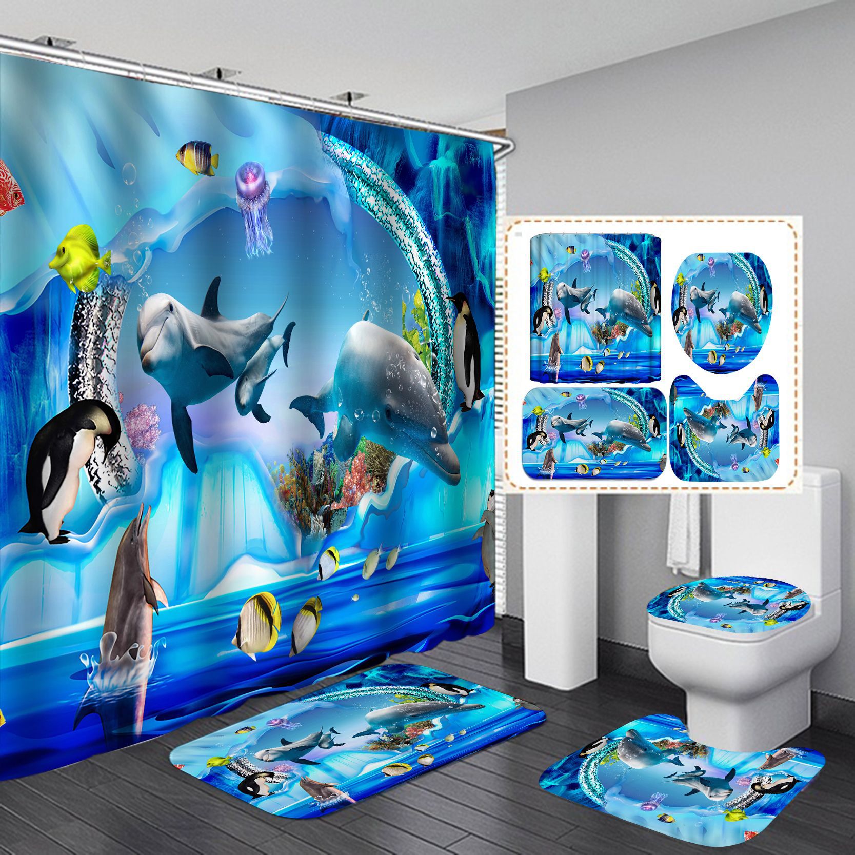 Shower Curtain Set Marine Life Series HD Digital Printing Waterproof Punch-Free Partition Curtain Hotel Rain Curtain