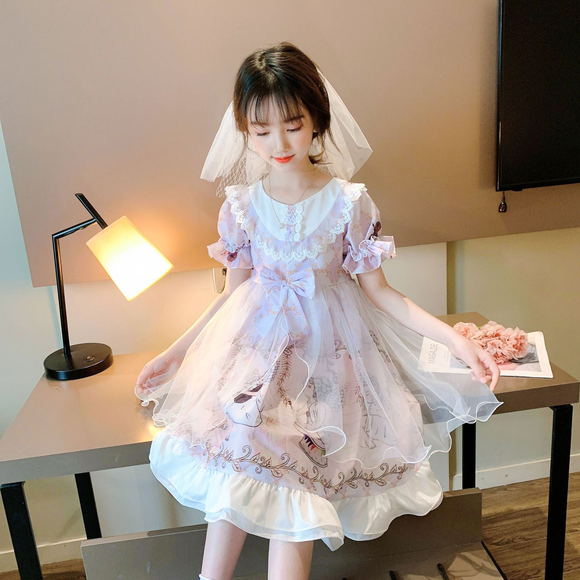 女童洛丽塔公主裙夏季新款蝴蝶结童裙儿童短袖花边连衣裙一件代发