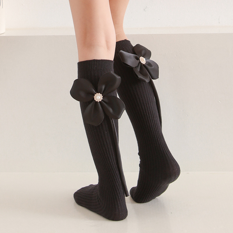 女童袜子春秋钻石花朵长筒袜可爱公主蝴蝶结堆堆袜女孩宝宝小腿袜