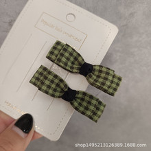 秋冬新款韩式甜美可爱少女儿童发卡绿色格子蝴蝶结对夹边夹刘海夹