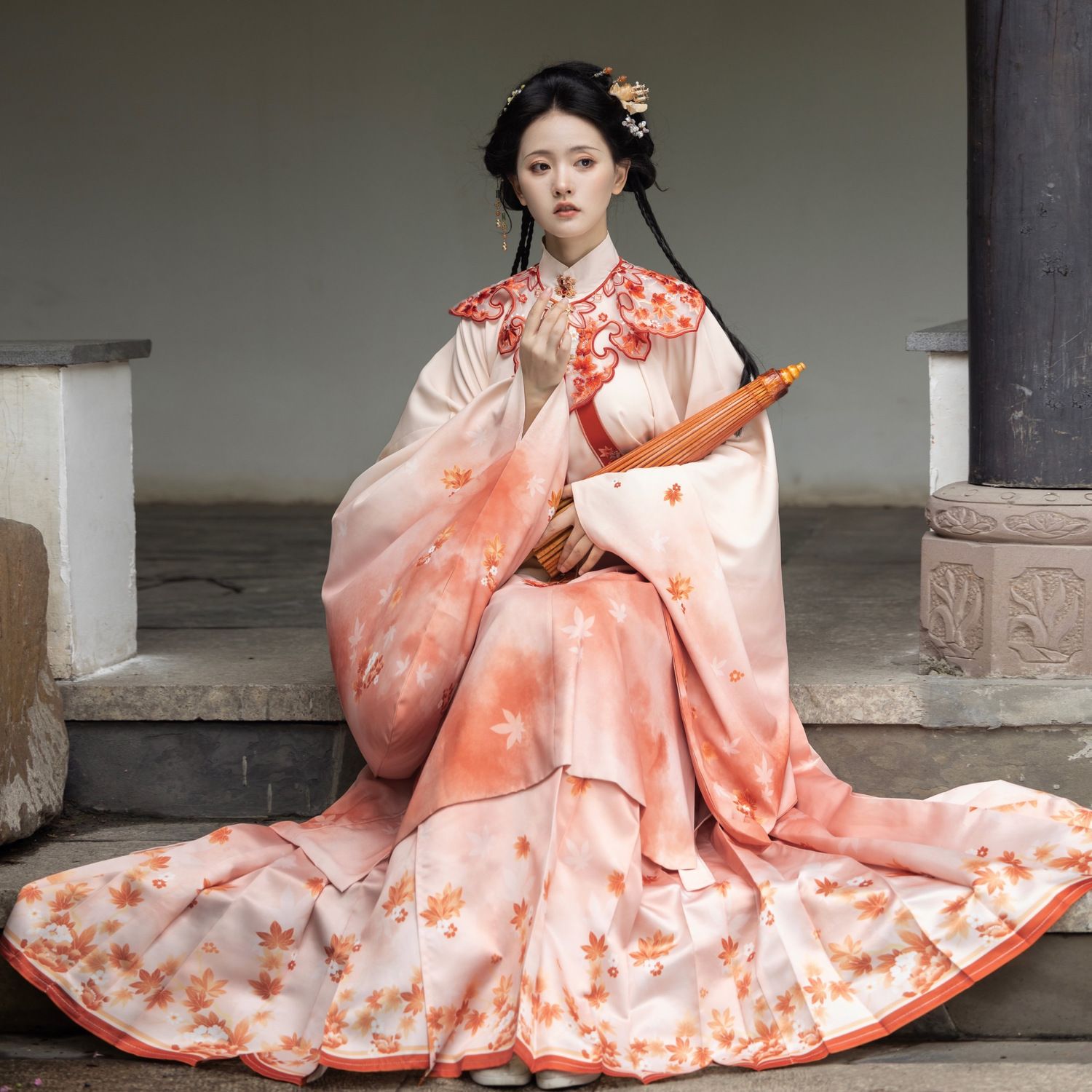 汉服女晚枫吟新品重工明制立领斜襟长袄刺绣云肩马面裙学生秋冬款