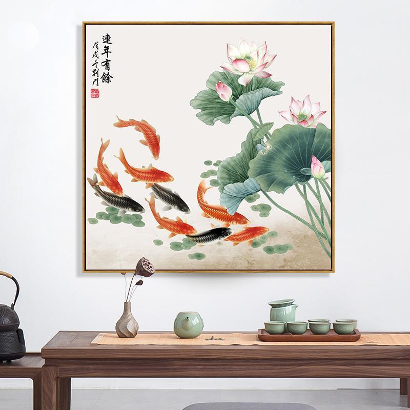 饭厅壁画客厅图背景墙新餐厅挂画九鱼玄关荷花中式装饰画