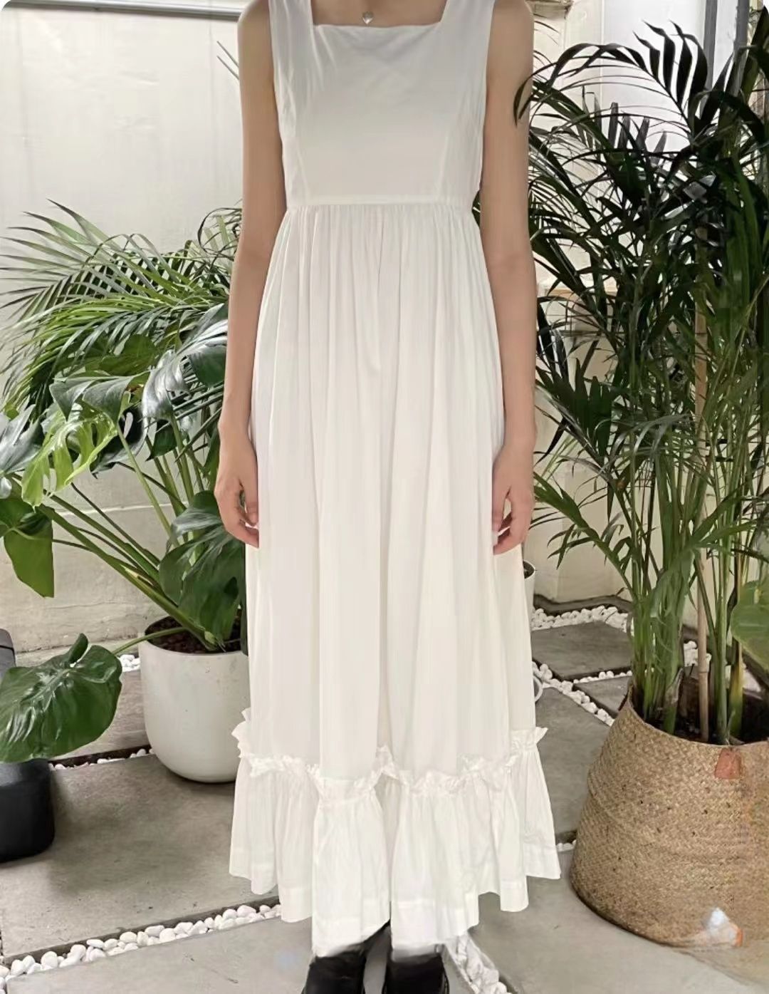 bm风新款美式白色方领荷叶边背心式长裙bm长款系带长裙无袖连衣裙