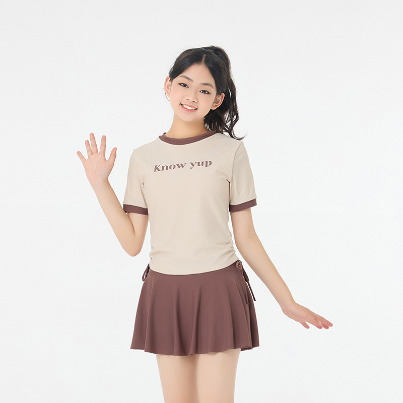 2024新款阳光少女儿童泳衣 时尚字母抽绳12岁学生分体大童泳装女