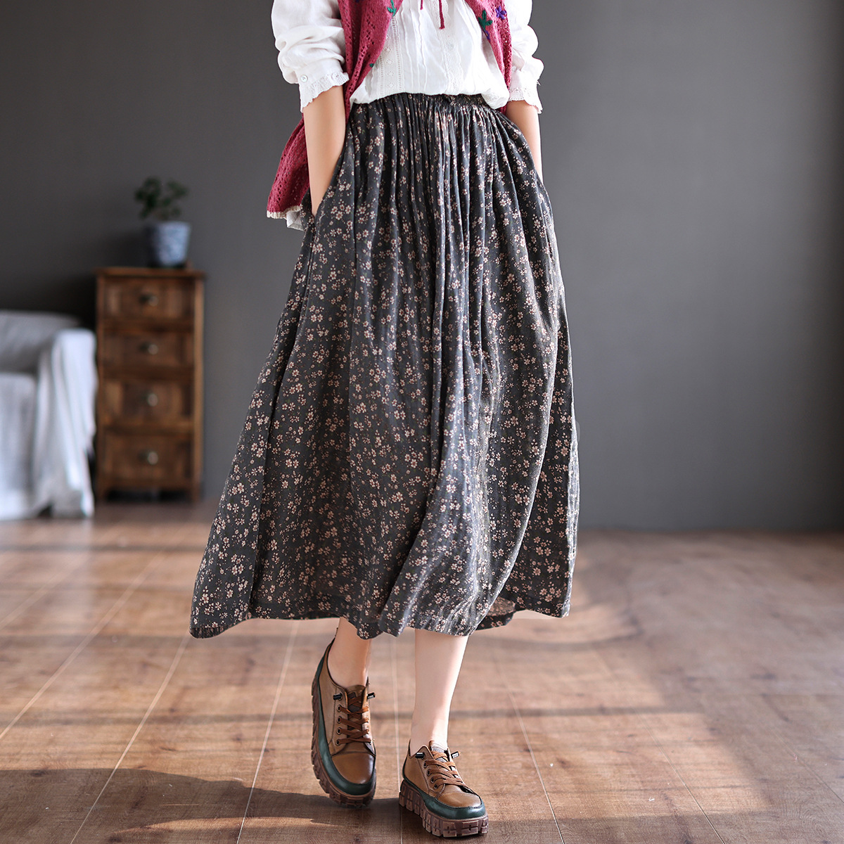 古咖服饰文艺复古棉麻高腰碎花半身裙女春夏季新款宽松显瘦a字裙