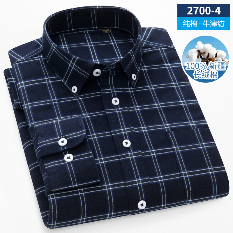 New Spring and Autumn Oxford Cotton Long-Sleeved Shirt Men's Casual Business Striped Plaid plus Size Shirt Wholesale