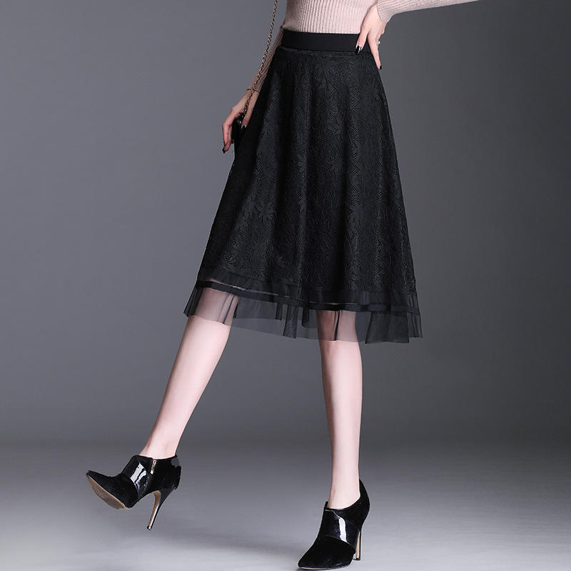 蕾丝网纱半身裙女2021秋新款高腰a字裙中长款显瘦遮胯百褶伞裙