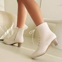 35-48欧美外贸跨境春季女靴系带简约短靴马丁靴粗跟西部靴H350