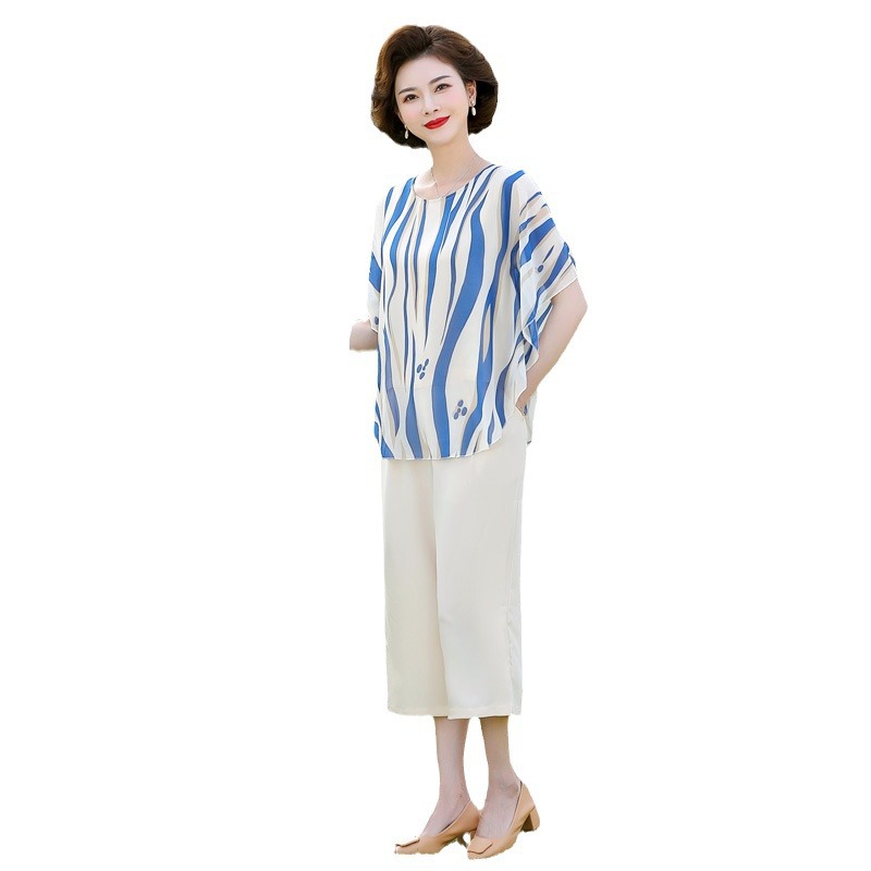 Middle-Aged Mom Summer Short-Sleeved Women's Suit Middle-Aged and Elderly Two-Piece Suit Large Size Western Style 2024 New