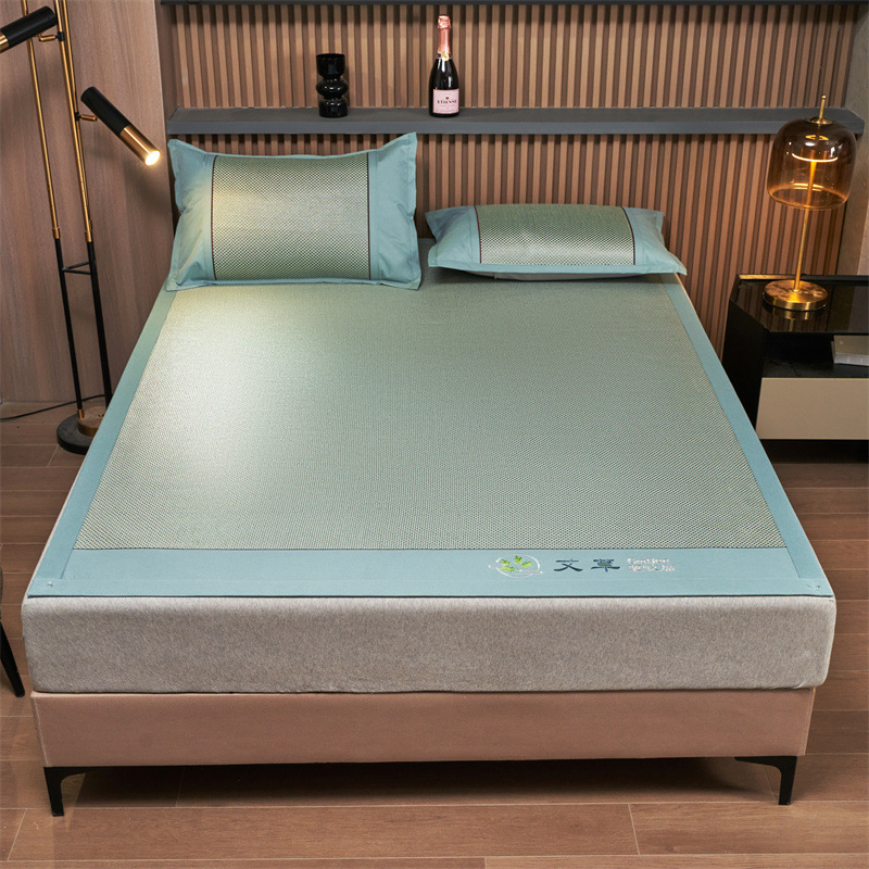 包邮2024 a类抗菌艾草冰丝席冰藤刺绣夏凉席3件套冰丝凉席子批