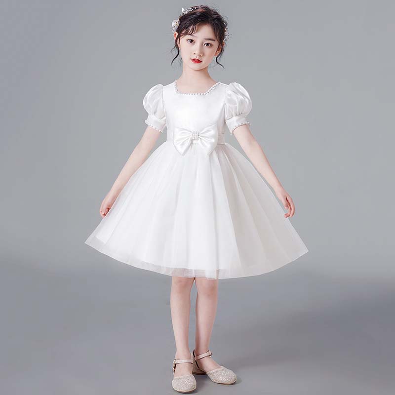 女童公主裙秋季儿童白色礼服花童连衣裙小女孩蓬蓬纱裙主持人裙子